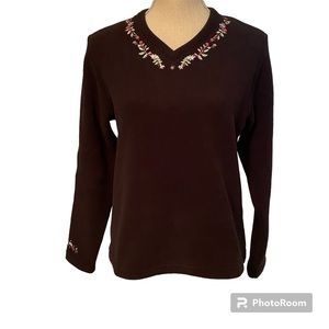 L.L. BEAN TOP POLARTEC FLEECE PULLOVER TEE BLACK LONG SLEEVE V-NECK SIZE M